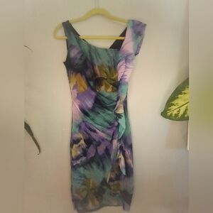 Elana Kattan Sheer Mesh Multicolor Print Ruffled Asymetric Boho Sleeveless Dress